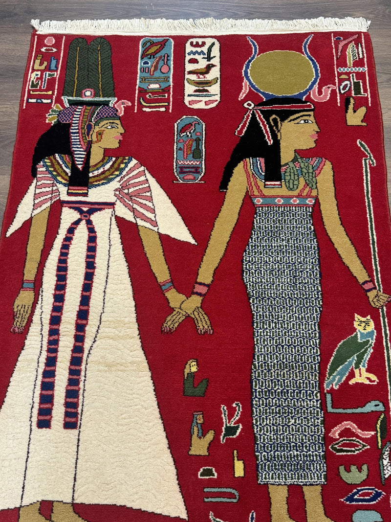 Egyptian Pictorial Rug 3x4, Hieroglyphic Pictorial Rug, Egyptian Prince and Princess, Cleopatra, Vintage Handmade, Red by Jewel Rugs