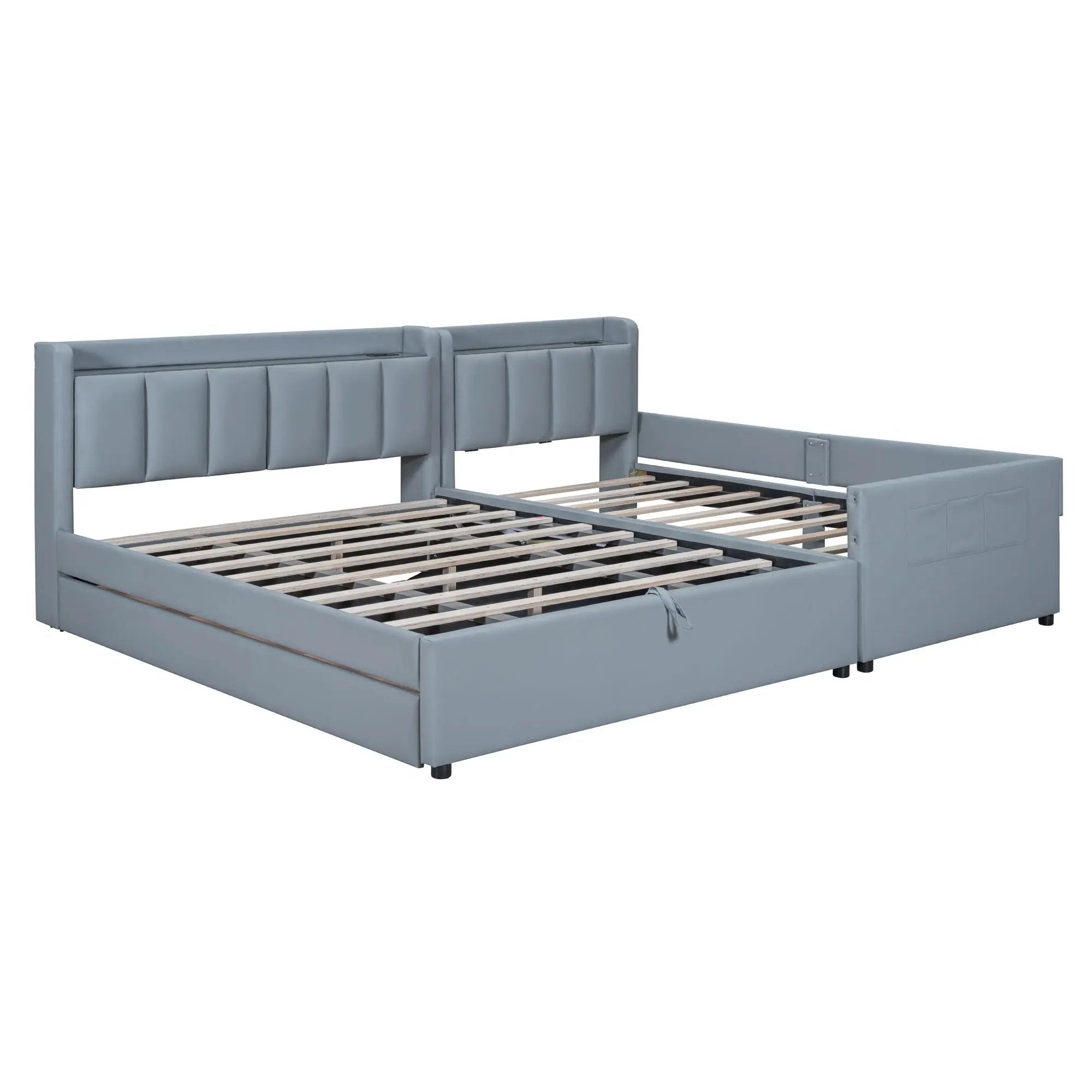 Upholstered Mother & Child Bed With Hydraulic Storage System, Drawer Box, Bedhead Storage Shelf And 2 Pairs Of Sockets & USB Ports by HouseOfZazla