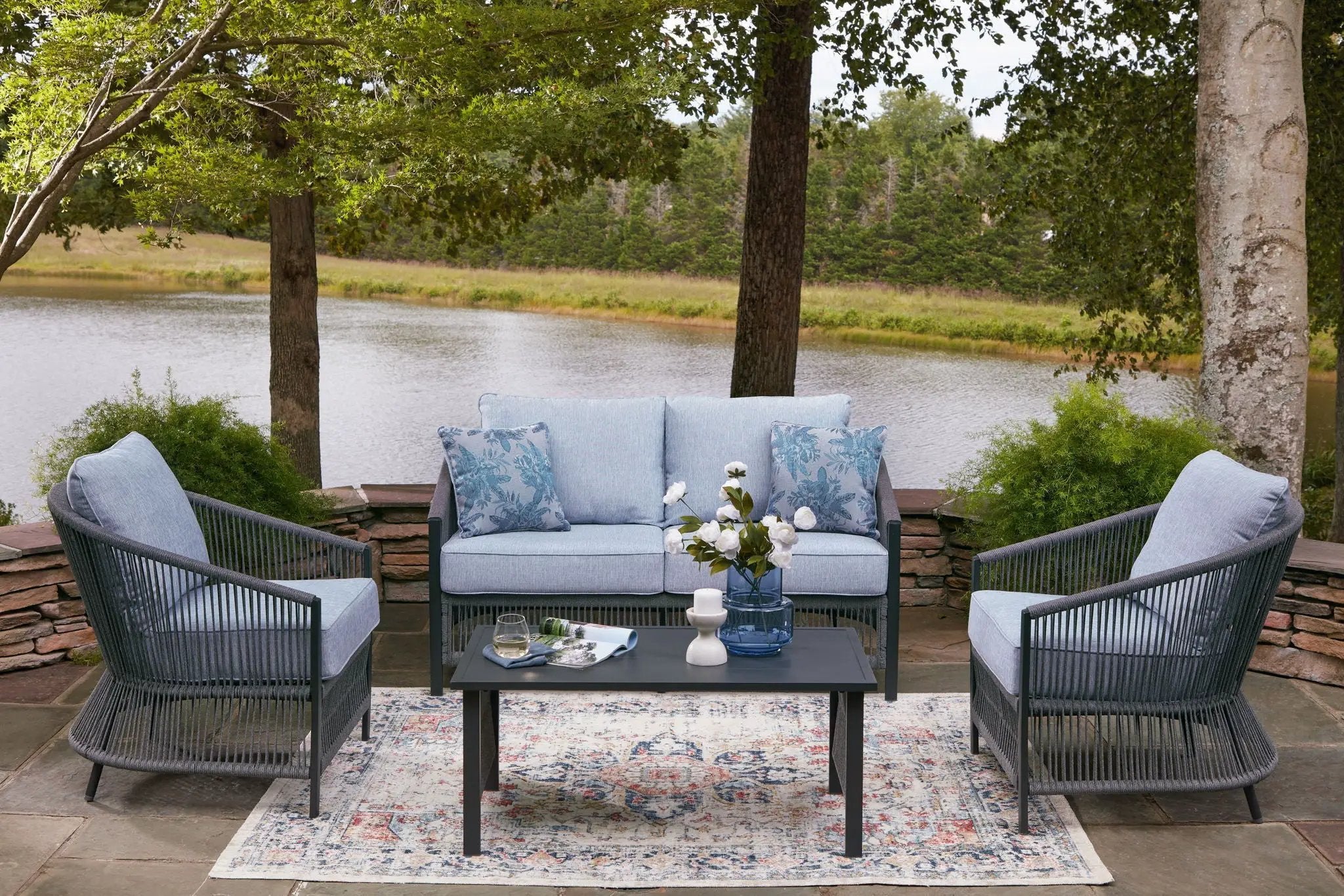 Bridges Beach - Loveseat, Lounge Chairs, Table Set (Set of 4) - Gray by Unique Piece Furniture