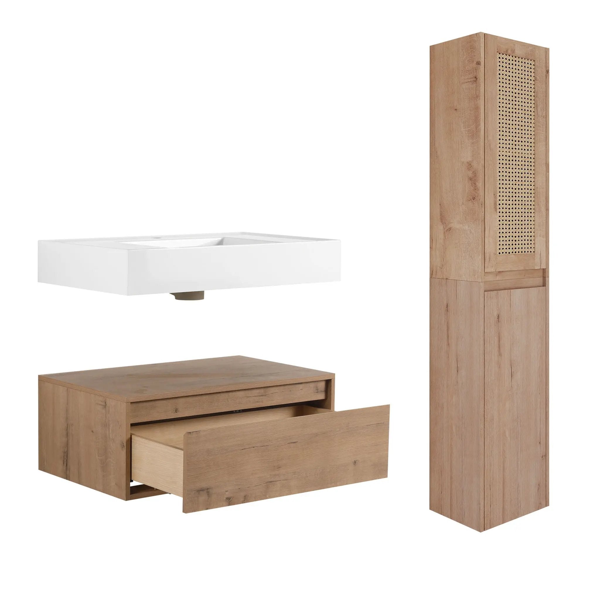 Contemporary Wall Mounted Bathroom Vanity With Resin Sink And 2 Side Cabinet - Imitative Oak by HouseOfZazla