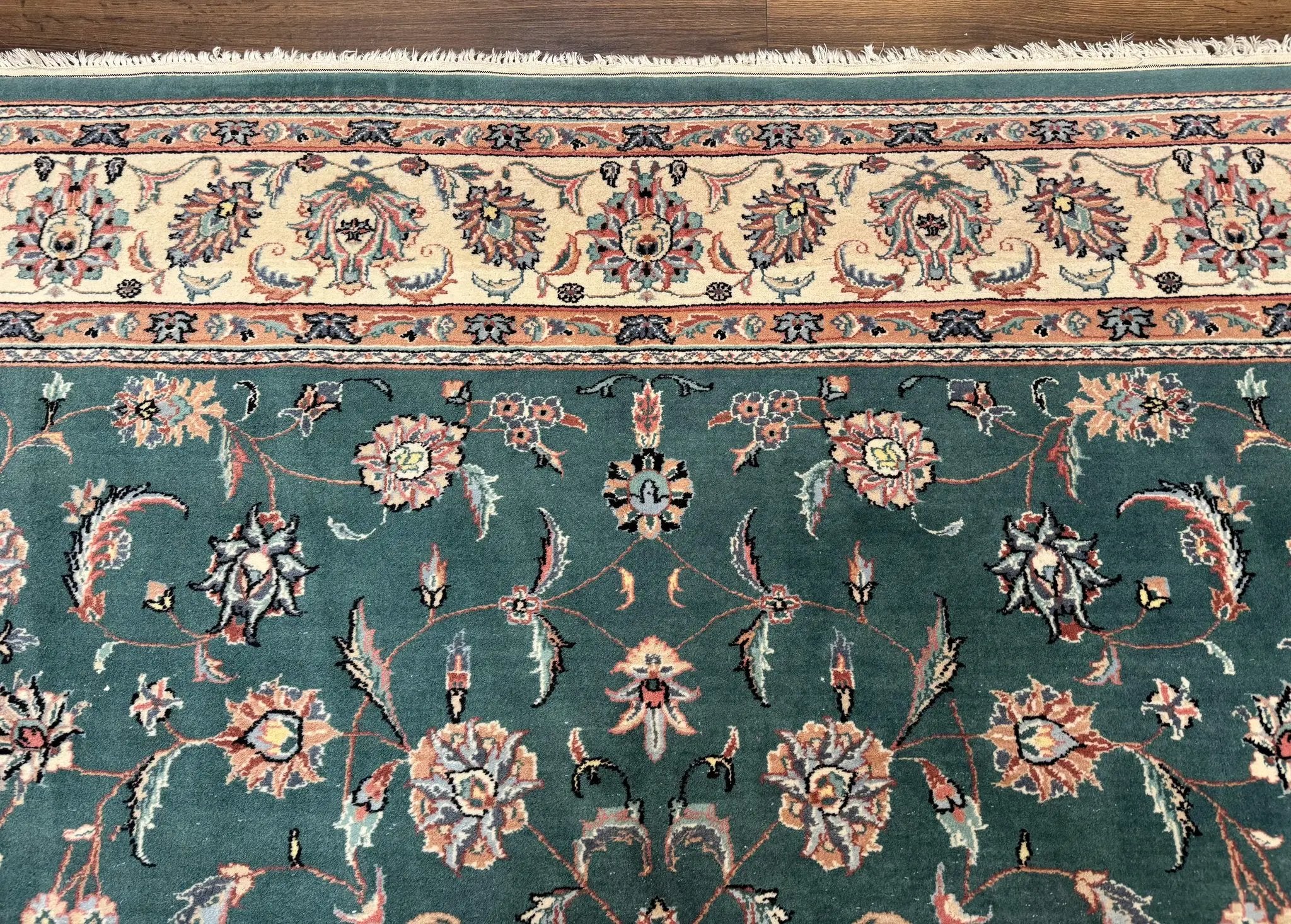 Indo Persian Rug 8x10, Green and Beige Oriental Carpet, Traditional Wool Area Rug, Floral Allover Pattern by Jewel Rugs