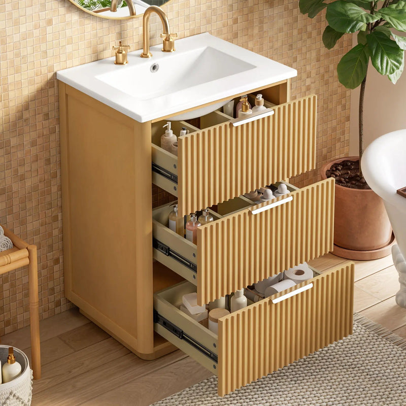 Bathroom Vanity With Sink, Open Shelf & Closed Storage - Natural Wood by Unique Piece Furniture
