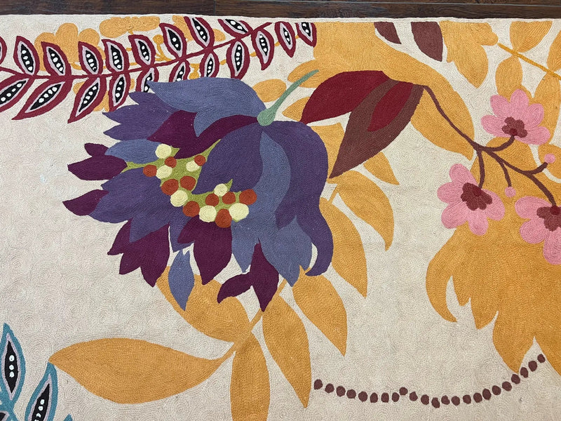 Indian Chain Stitched Rug 4x6, Hand Stitched Indian Embroidery Carpet, Large Floral Design, Contemporary, Cream and Colorful Flowers, Wool by Jewel Rugs