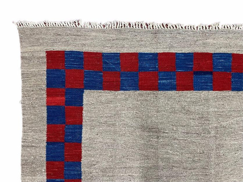 5' 7" x 7' 9" Geometric Kilim Carpet, Gray, Handmade, Hand-Knotted Area Rug, Blue & Red, Flatweave, Wool, New, Checkerboard Pattern by Jewel Rugs