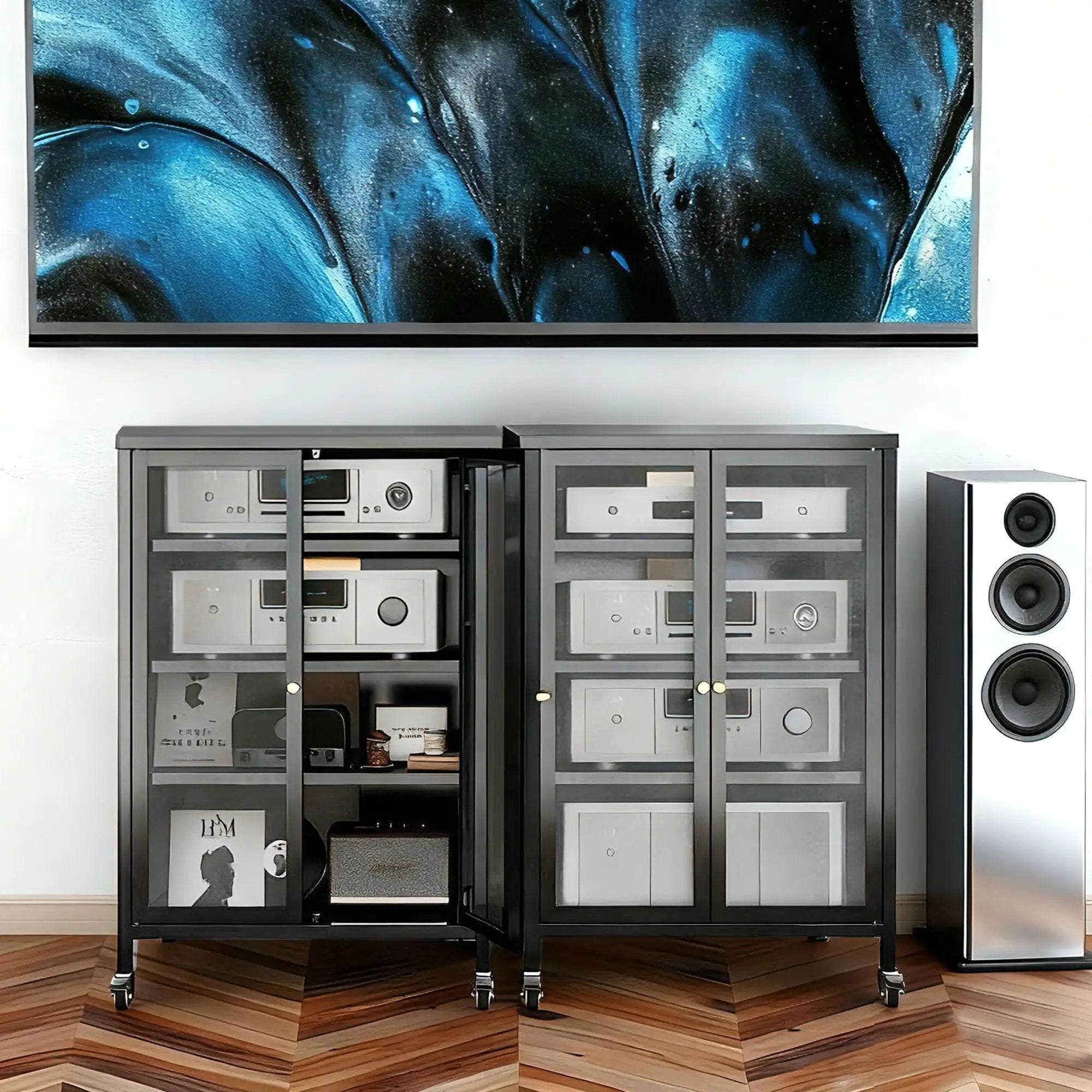 Media Storage Cabinet With Wheels, 4 Adjustable Glass Shelves & Door, Heavy-Duty - Black by Unique Piece Furniture