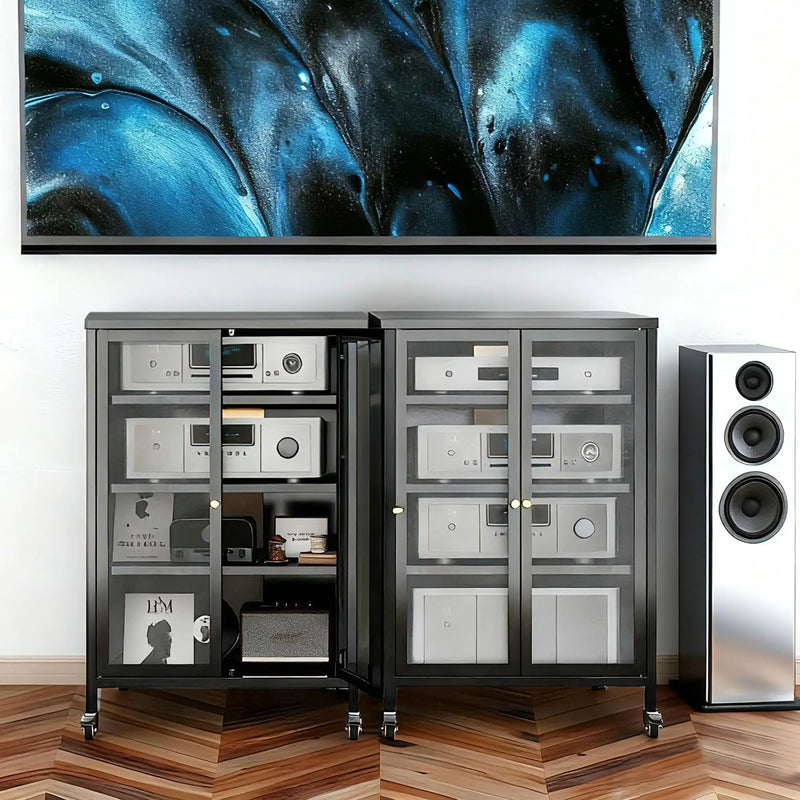 Media Storage Cabinet With Wheels, 4 Adjustable Glass Shelves & Door, Heavy-Duty - Black by Unique Piece Furniture