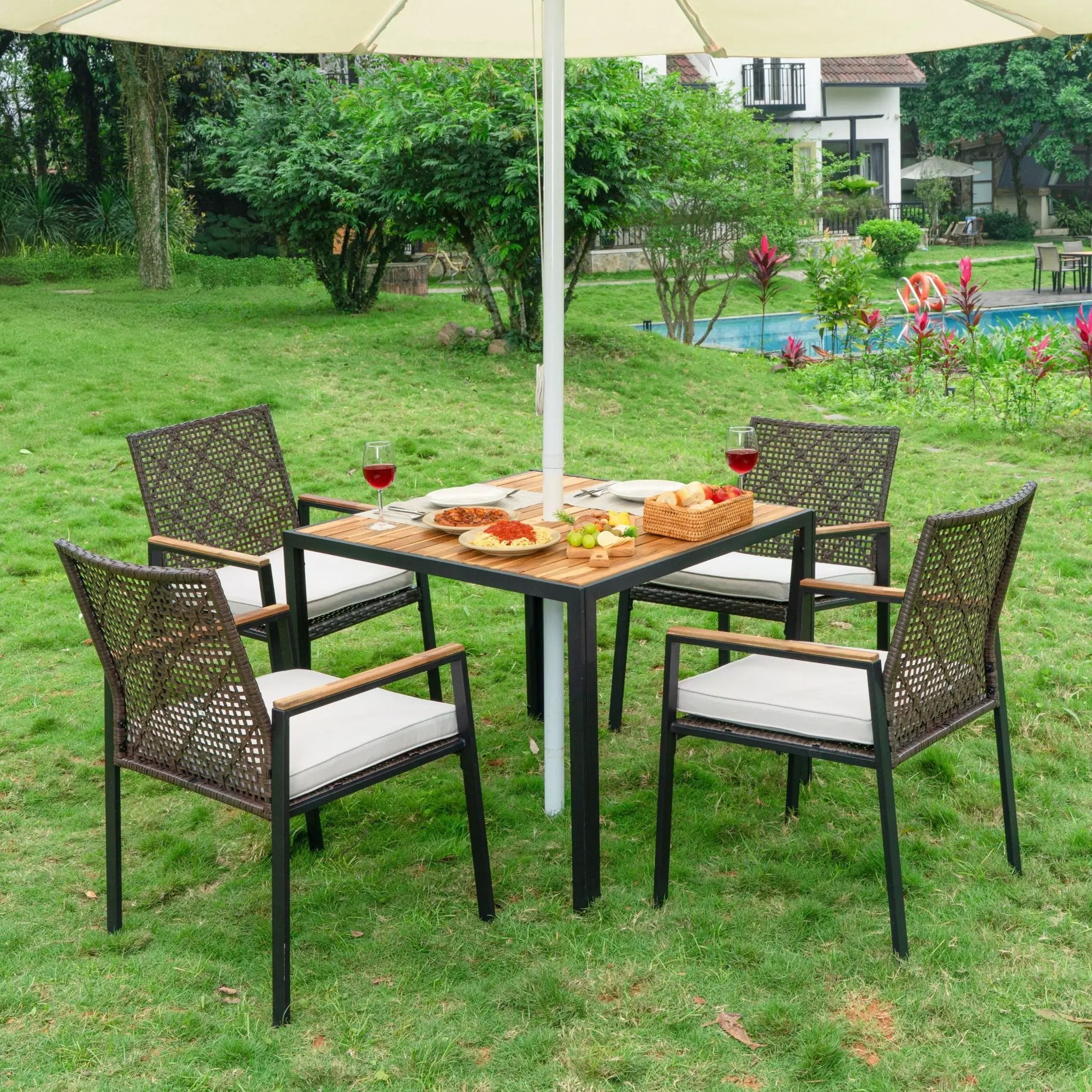 5 Piece Patio Dining Table Set, Acacia Wood Table Top With Umbrella Hole by HouseOfZazla