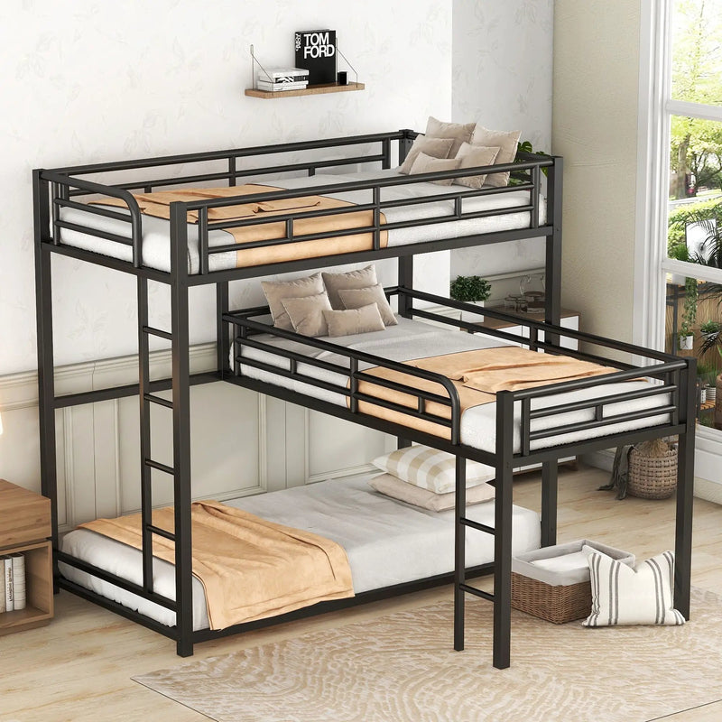 L-Shaped Triple Twin Size Bunk Bed, Industrial Design With Integrated Ladder And Full Length Guardrails - Black by HouseOfZazla