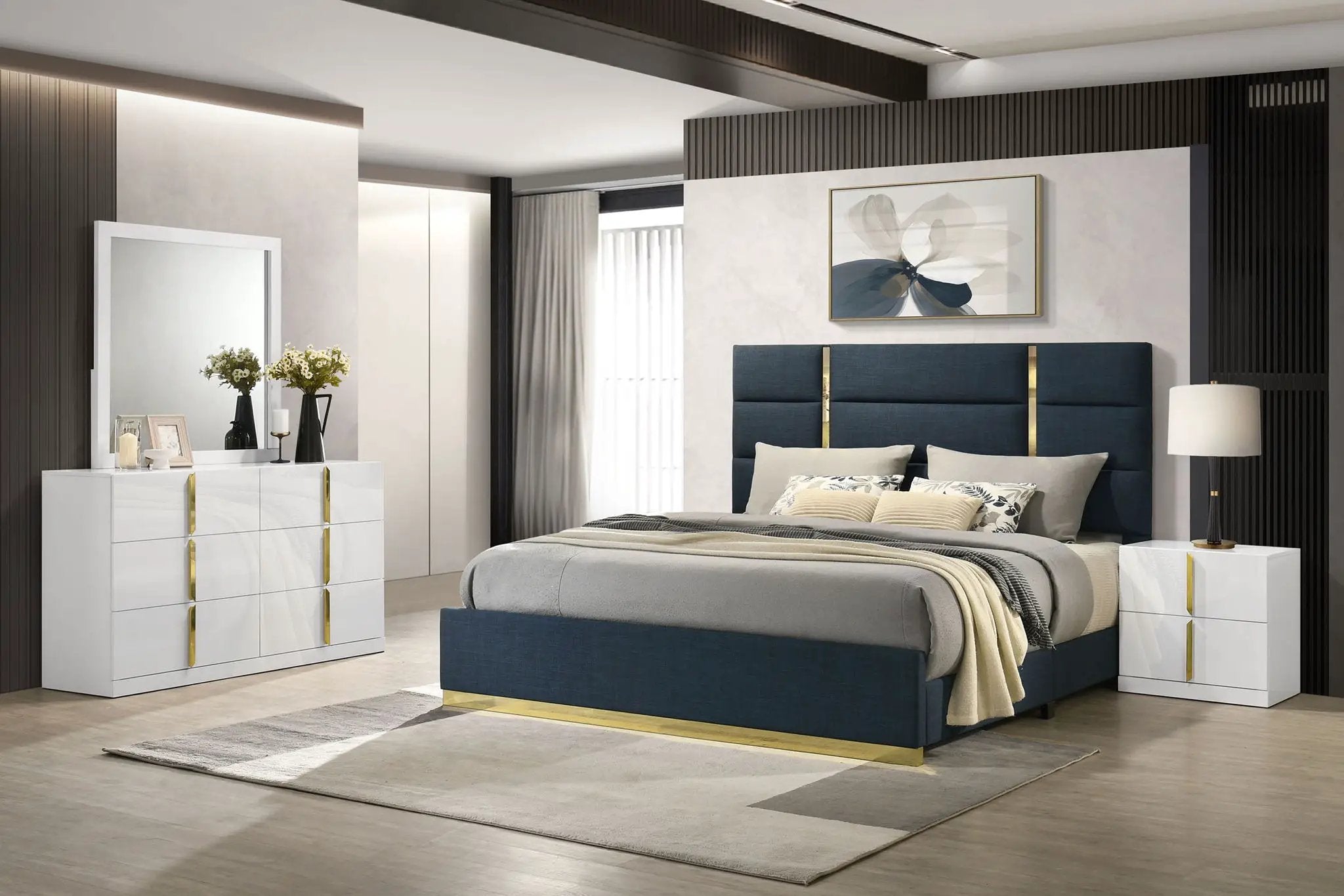Ines 4-piece Queen Bedroom Set Navy and White High Gloss by Unique Piece Furniture