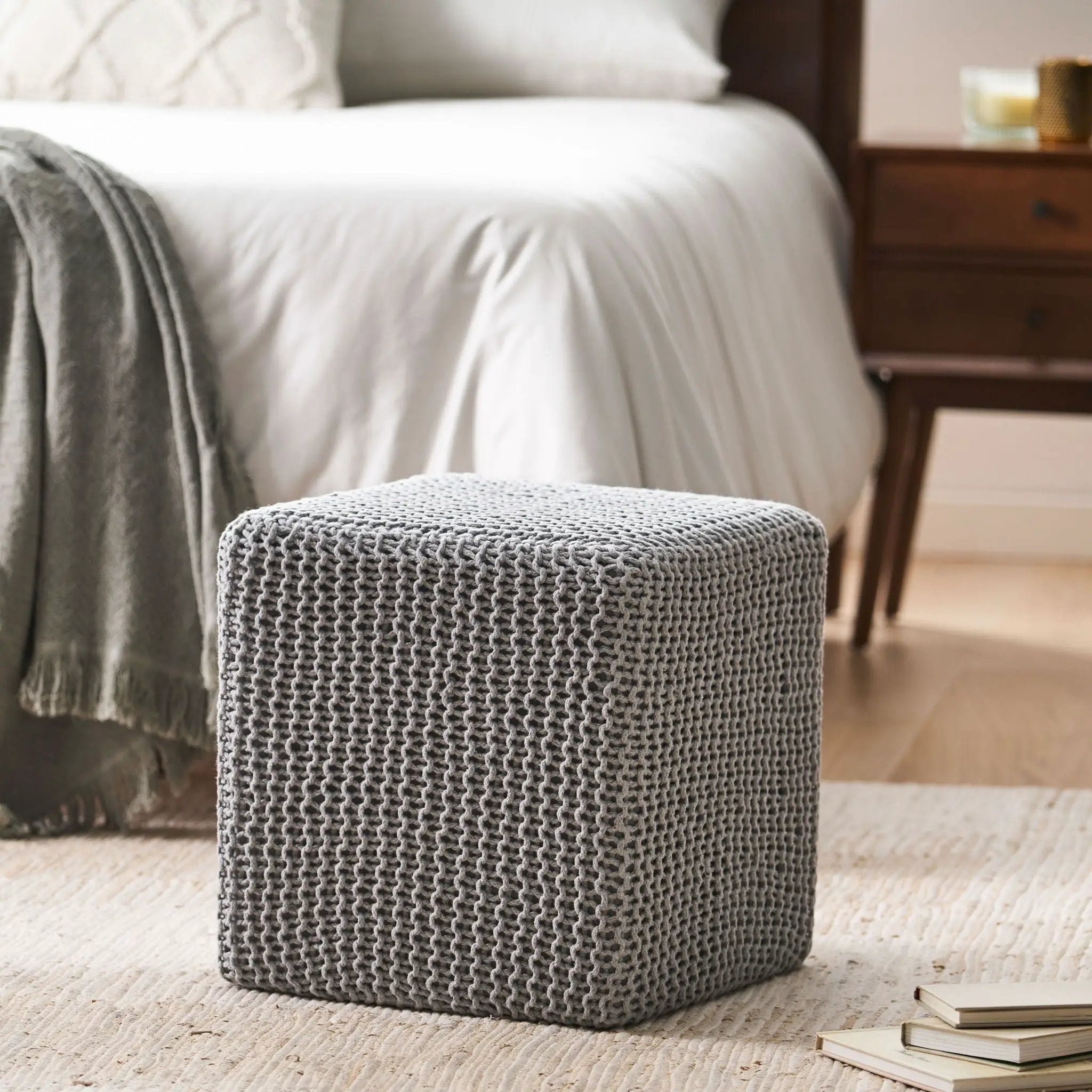 Chabani - Indoor Modern Knitted Fabric Cube Pouf Ottoman - Light Gray by HouseOfZazla