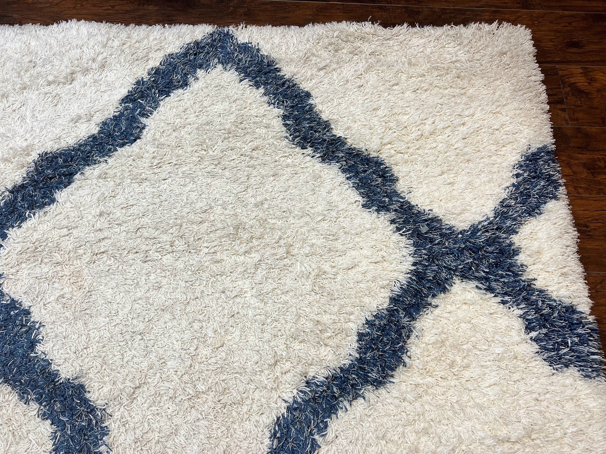 Modern Shag Rug 9x12, Ivory and Dark Blue, Diamond Pattern, Soft, Room Sized, Contemporary Rug, Plush by Jewel Rugs