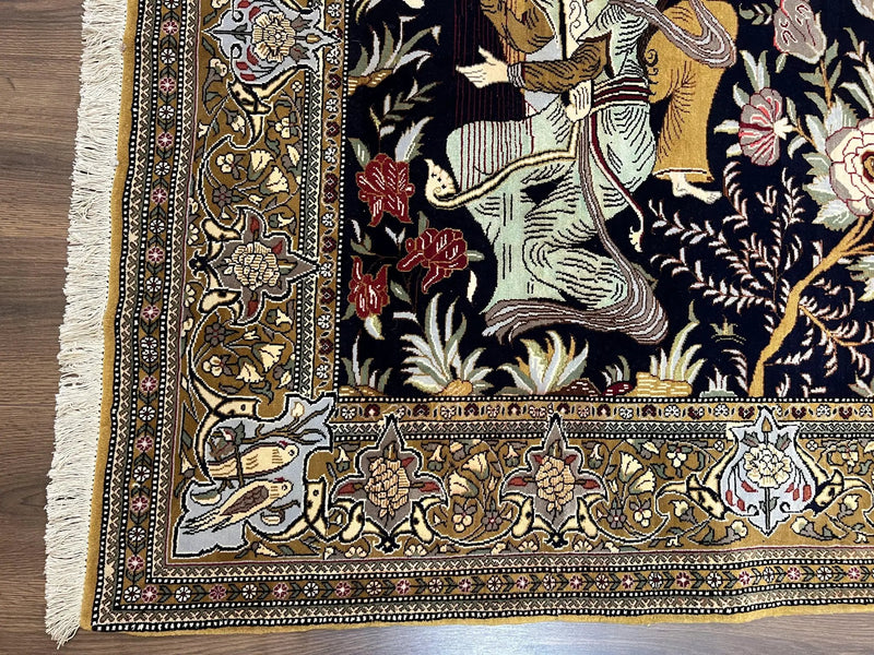 Persian Qum Pictorial Rug 4.8 x 6.5 - Layla & Majnun, Birds by Jewel Rugs