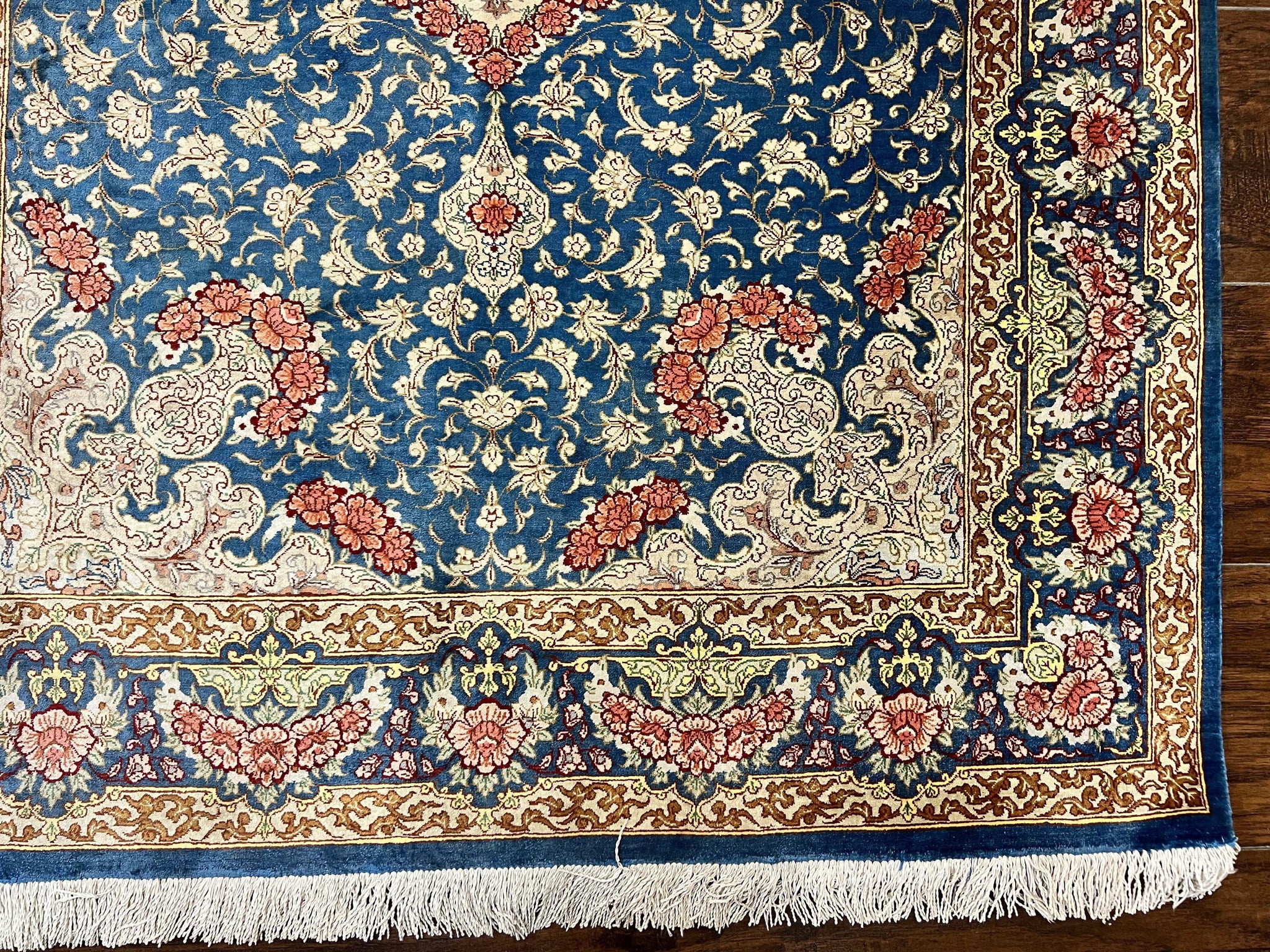 Magnificent Persian Qum Silk Rug 3x5, Blue, Super Fine 675 KPSI - 70 Raj, Floral Roses, Handmade Vintage Silk Carpet, Masterpiece by Jewel Rugs