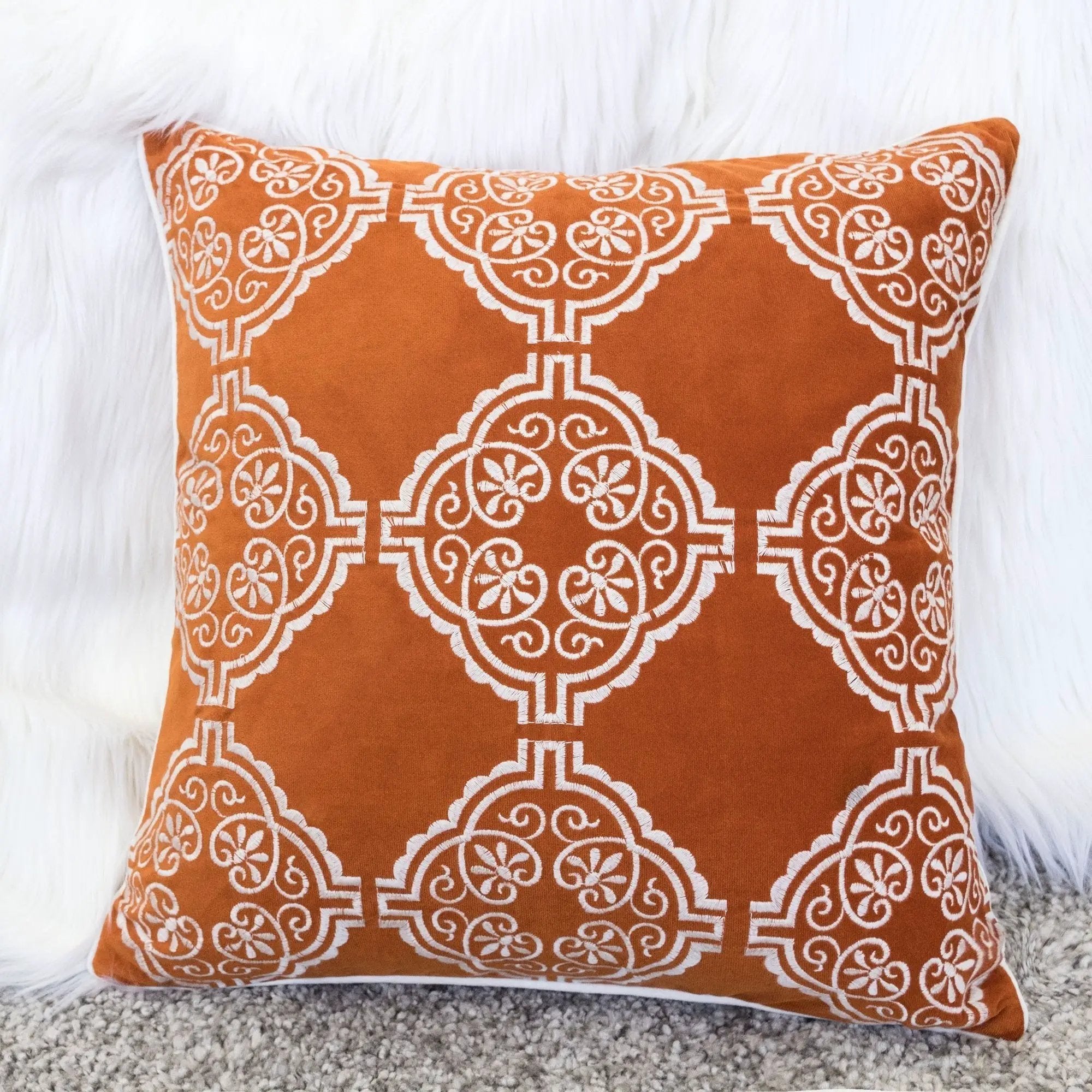 Burnt Orange Damask Embroidered Throw Pillow by HouseOfZazla