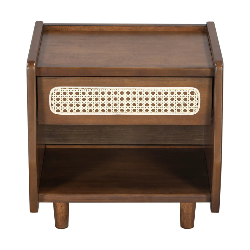 Walnut Nightstand with Rattan Detail, MDF + Solid Wood by HouseOfZazla