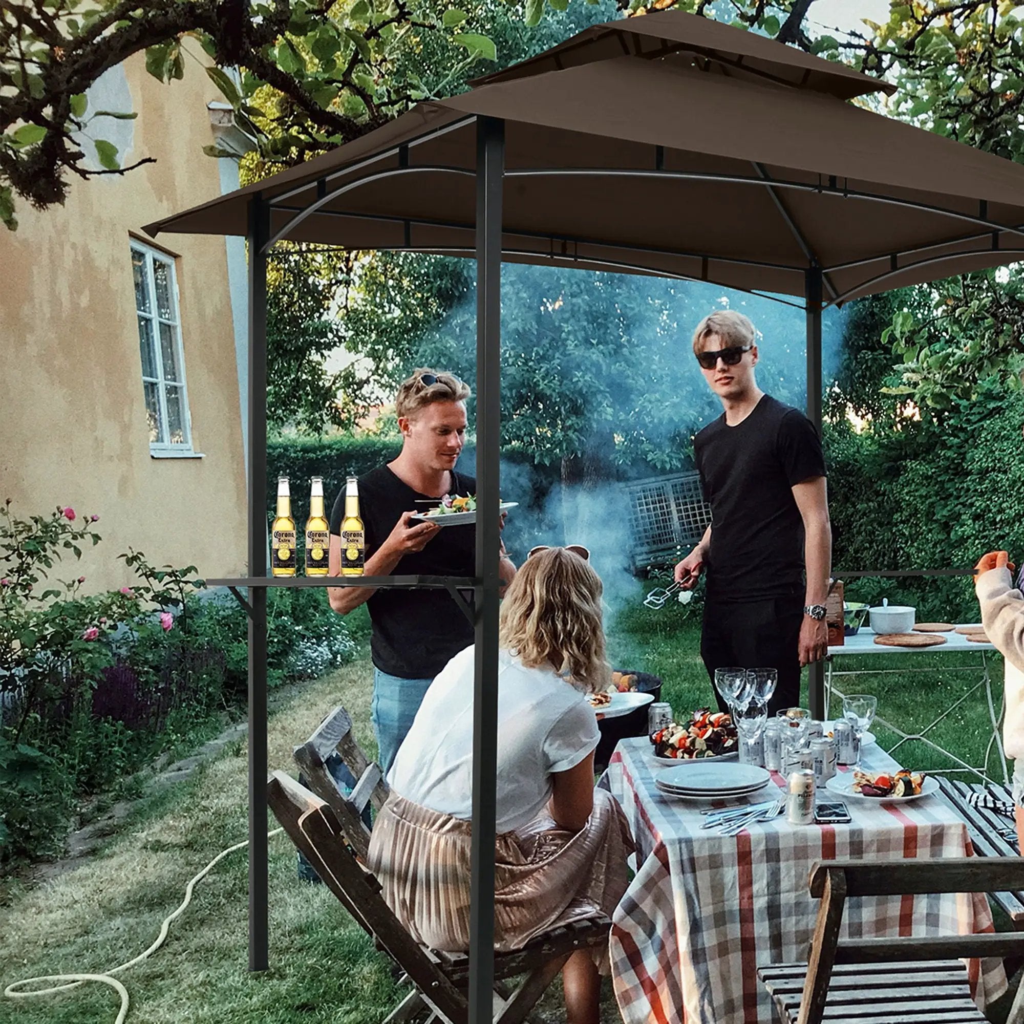 Outdoor Grill Gazebo With Double Tier Soft Top Canopy, Steel Frame, Bar Counters & Hook by HouseOfZazla