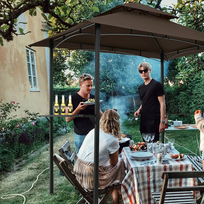 Outdoor Grill Gazebo With Double Tier Soft Top Canopy, Steel Frame, Bar Counters & Hook by HouseOfZazla