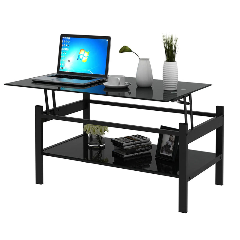 Glass Lift Top Coffee Table, Modern Simple 2-Layer Tempered Glass Coffee Table For Living Room - Black by HouseOfZazla