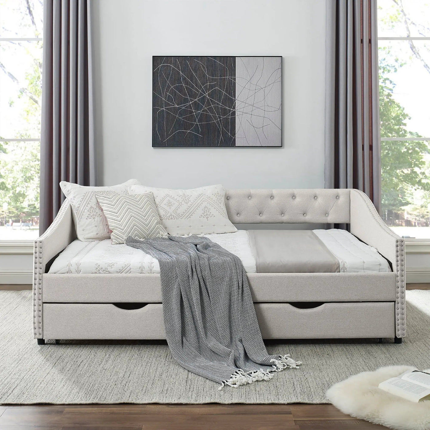 Upholstered Tufted Daybed With Drawers, Waved Arms by Unique Piece Furniture