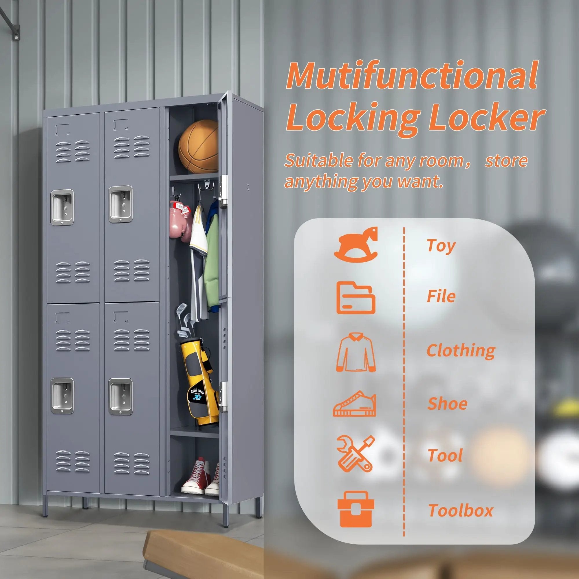 6 Door Lockers With Lock For Employees, Storage Cabinet For Home, Gym, Office, School, Garage - Gray by Unique Piece Furniture
