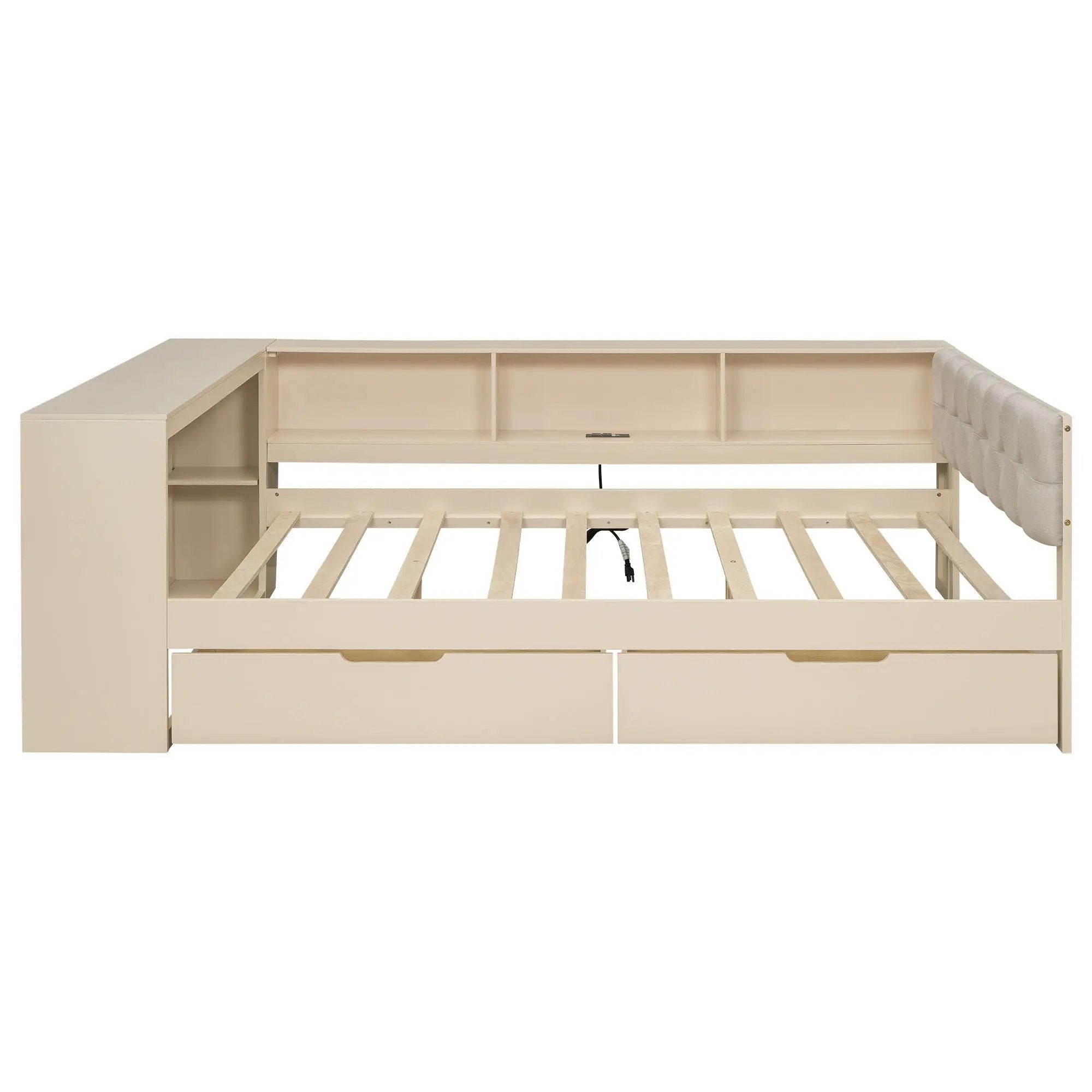 Upholstered Headboard Platform Bed With Storage Shelves, Drawers, Charging Station