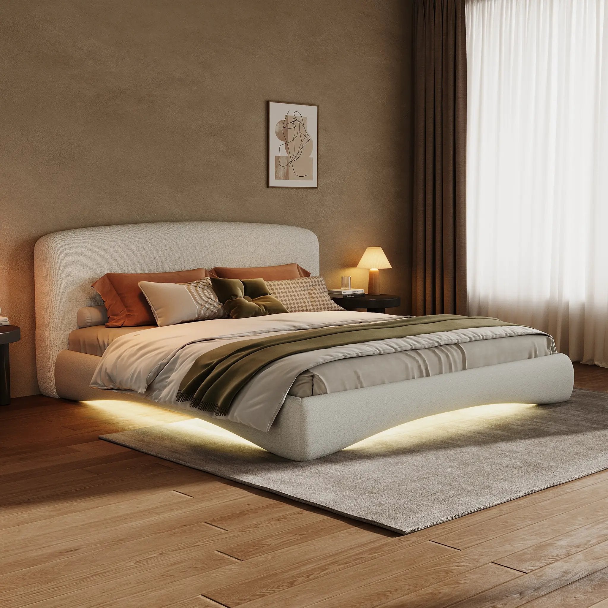 Curved Upholstered Bed with Smart Ambient Lighting by HouseOfZazla