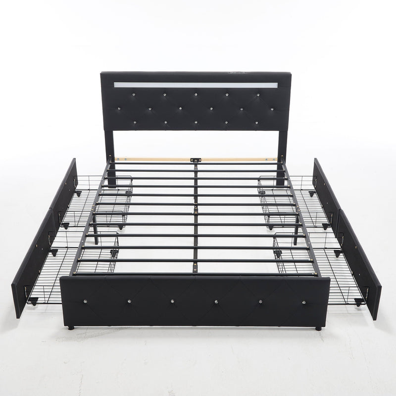 Upholstered Bed Frame With LED Lights, 4 Storage Drawers, Charging Station by HouseOfZazla