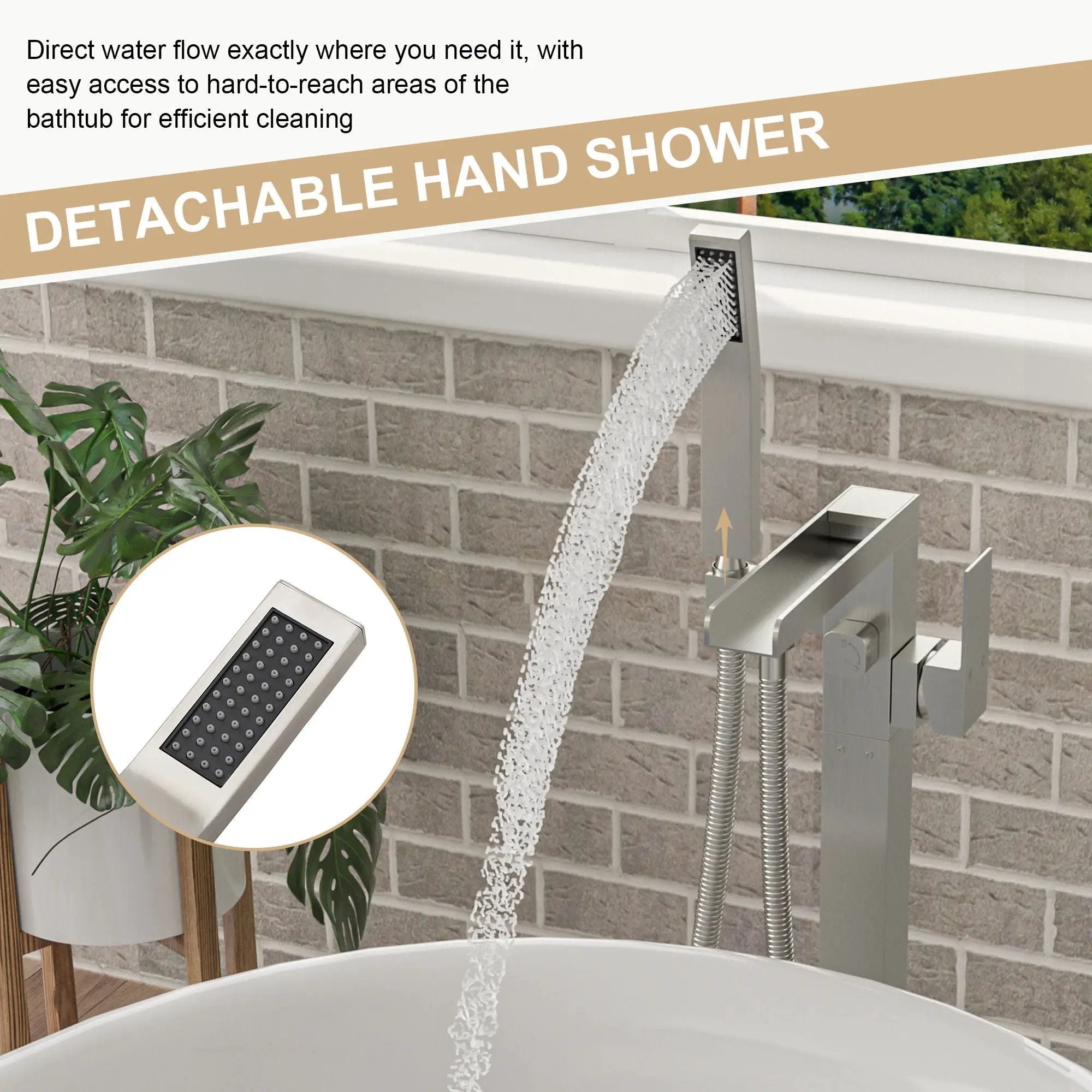 Freestanding Bathtub Faucet Waterfall Tub Filler Floor Mount Solid Brass With Hand Shower - Brushed Nickel by HouseOfZazla