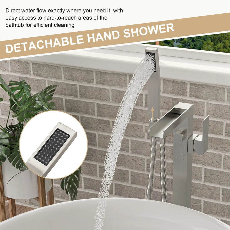 Freestanding Bathtub Faucet Waterfall Tub Filler Floor Mount Solid Brass With Hand Shower - Brushed Nickel by HouseOfZazla