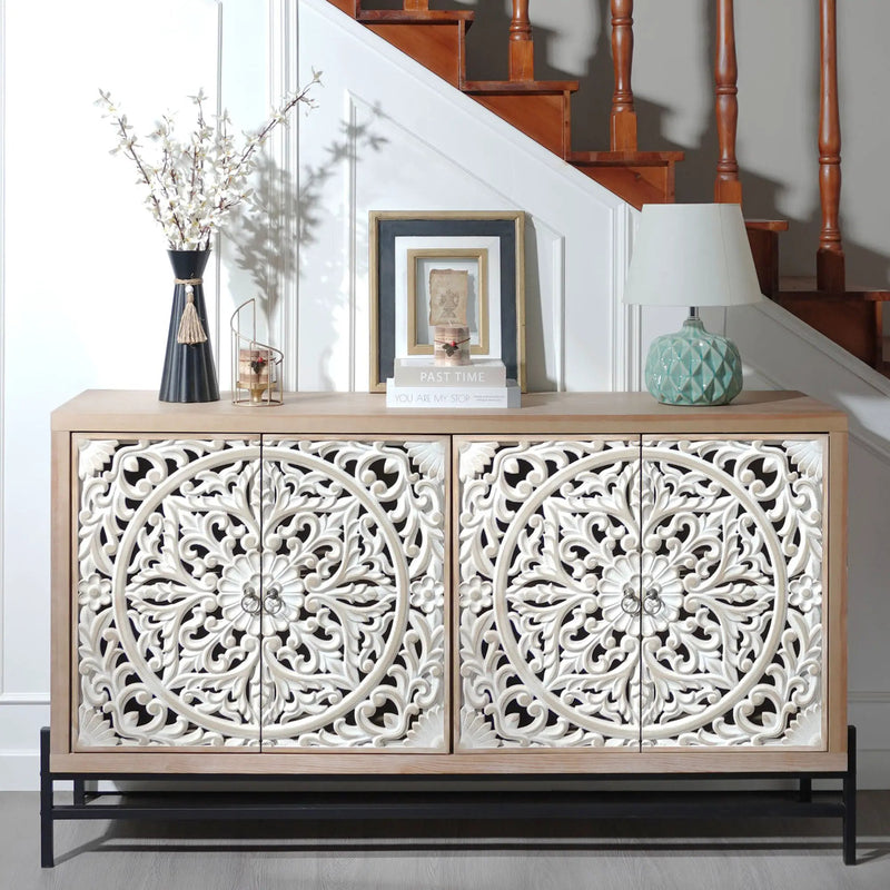 4 Door Wood Cabinet, Vintage Carved Wood with Metal Base by HouseOfZazla