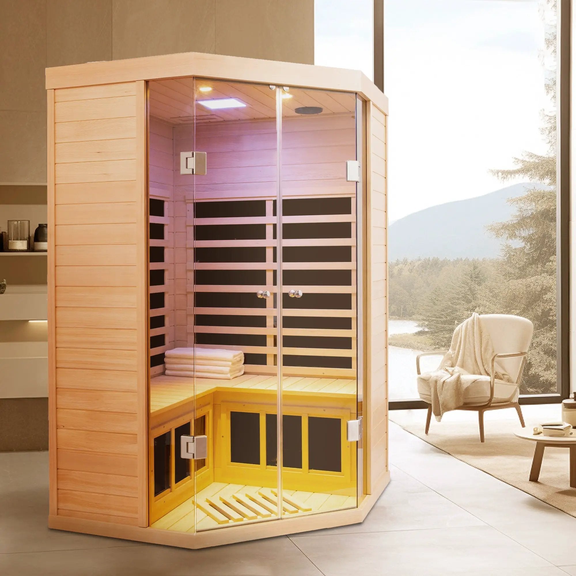 Deluxe Hemlock Far Infrared Corner Sauna Room with Glass Front for Two Persons by HouseOfZazla