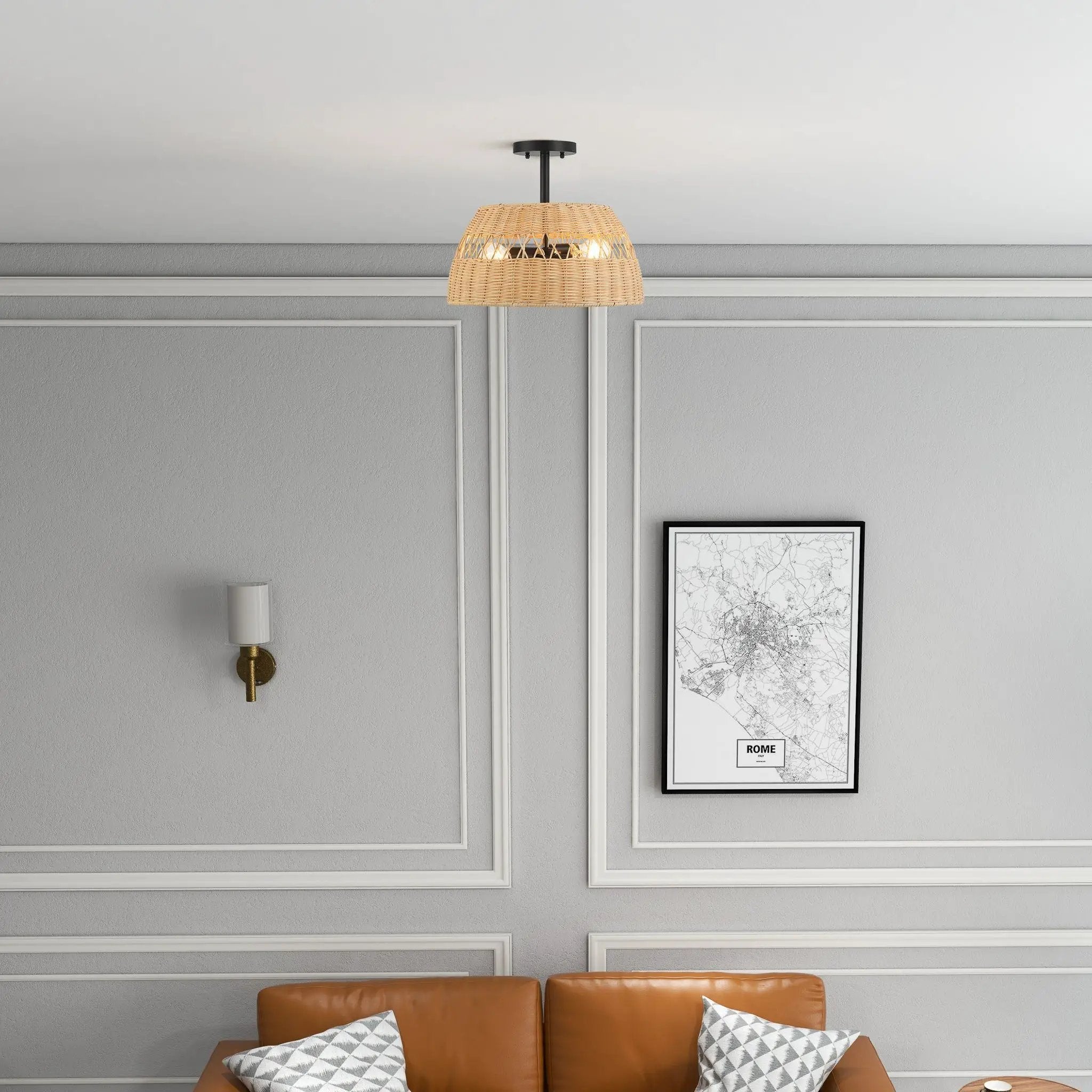 Twinkle - Double Lights Semi Flush With Shade - Black / Rattan by Unique Piece Furniture