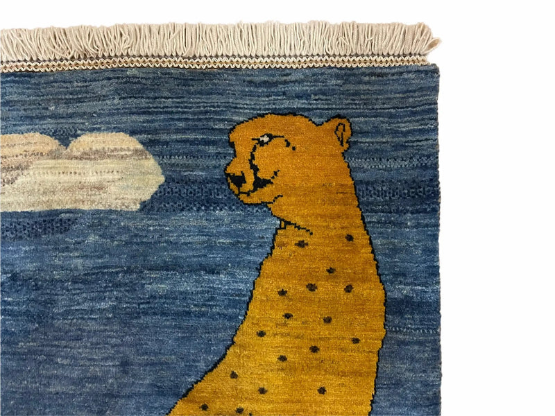 3 x 5 Handmade New Vintage Wool Blue Rug Leopard Lion Jaguar Deer Organic Dyes by Jewel Rugs