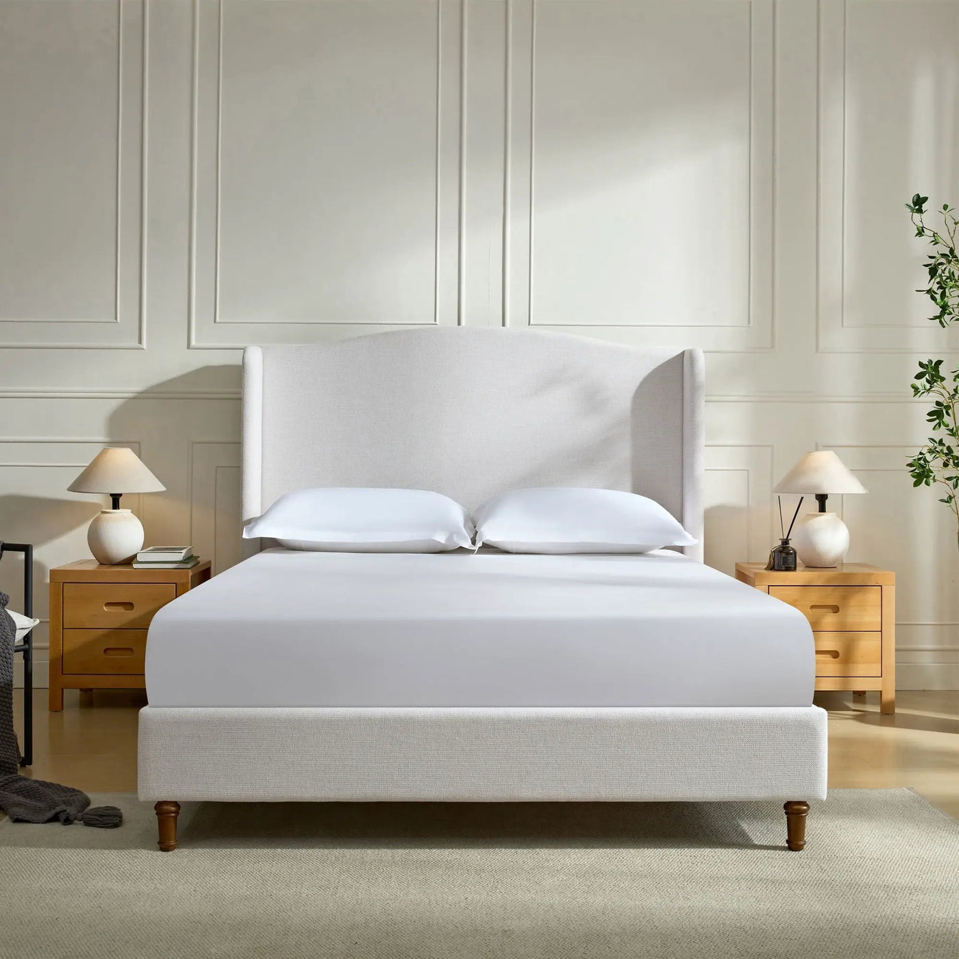 Hannah - Upholstered Wingback Bed Size / Tall Headboard Upholstered King Bed / Premium Textured Look / Minimalist Designs / No Box Spring Needed by HouseOfZazla