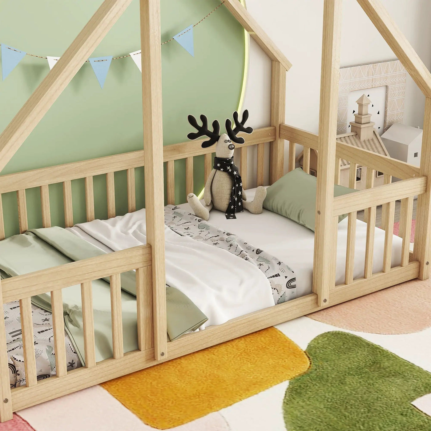 Wood House-Shaped Floor Bed With Fence, Guardrails by Unique Piece Furniture