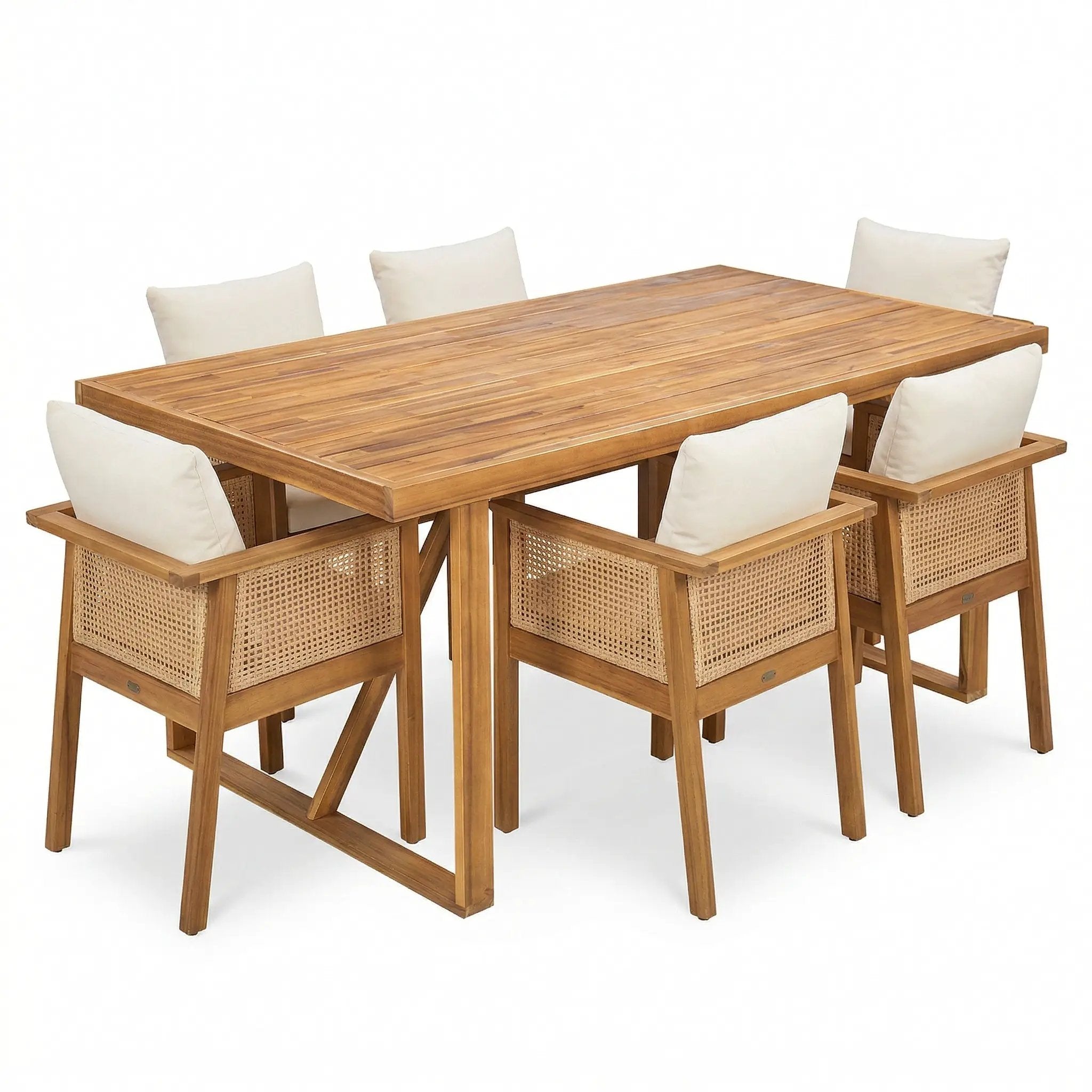 7-Piece Acacia Wood Outdoor Dining Set with Cream Cushions and Natural Wicker by HouseOfZazla