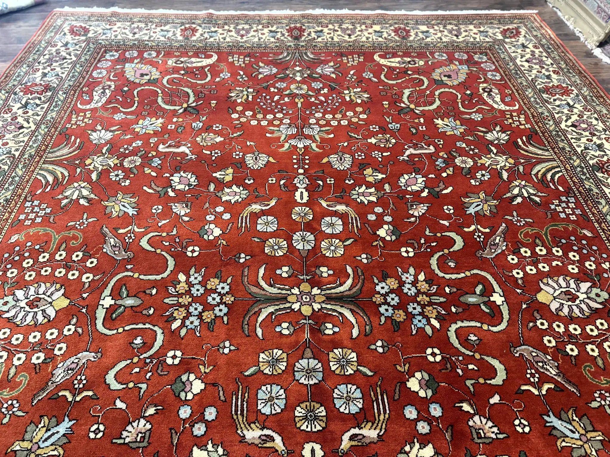 Romanian Rug 10x13, Vintage Handmade Wool Carpet, Floral Pattern, Birds, Red and Cream, Signed By Masterweaver, Persian Rug by Jewel Rugs