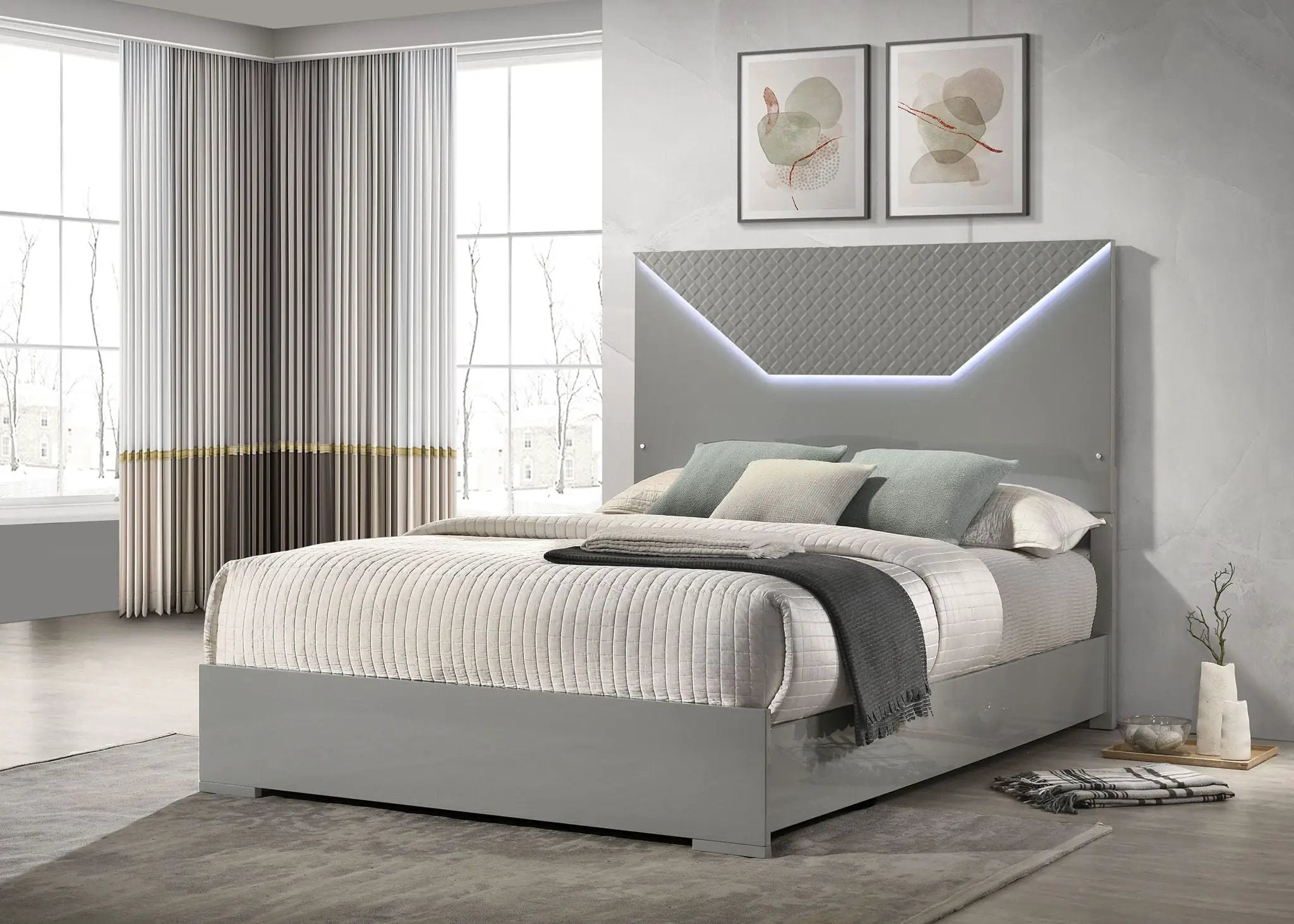 Ives Queen Panel Bed LED Headboard Grey High Gloss by Unique Piece Furniture
