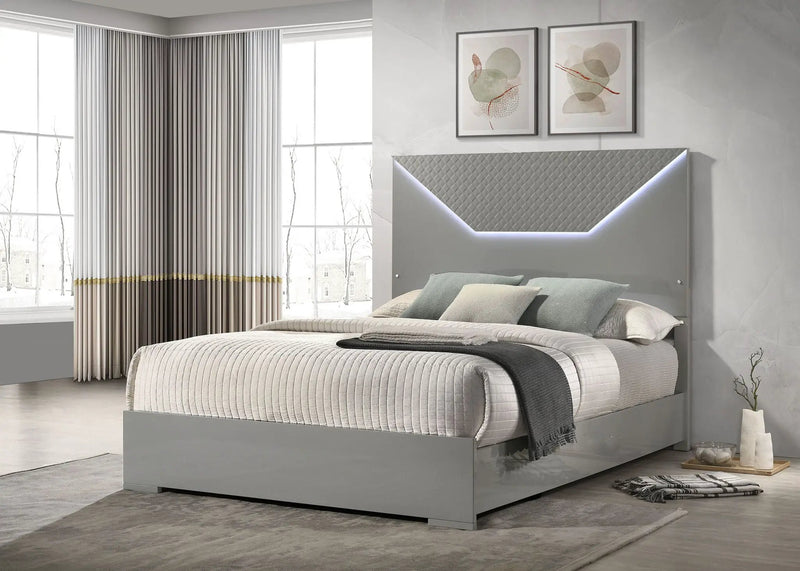 Ives Queen Panel Bed LED Headboard Grey High Gloss by Unique Piece Furniture
