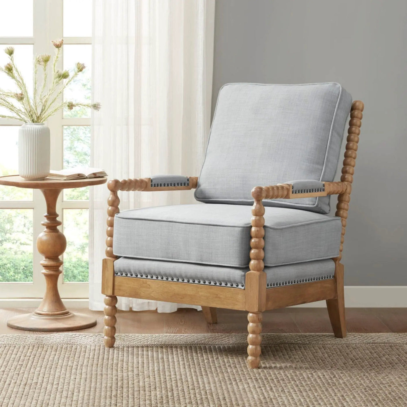 Arm Chair With Open Back Spindle Design, Padded Armrests by Unique Piece Furniture