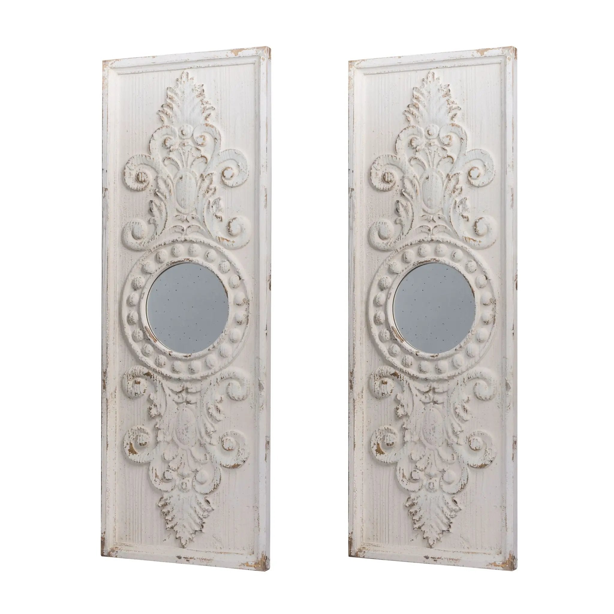 Large Wooden Wall Art Panels With Distressed Round Mirror Accents (Set of 2) - White by HouseOfZazla