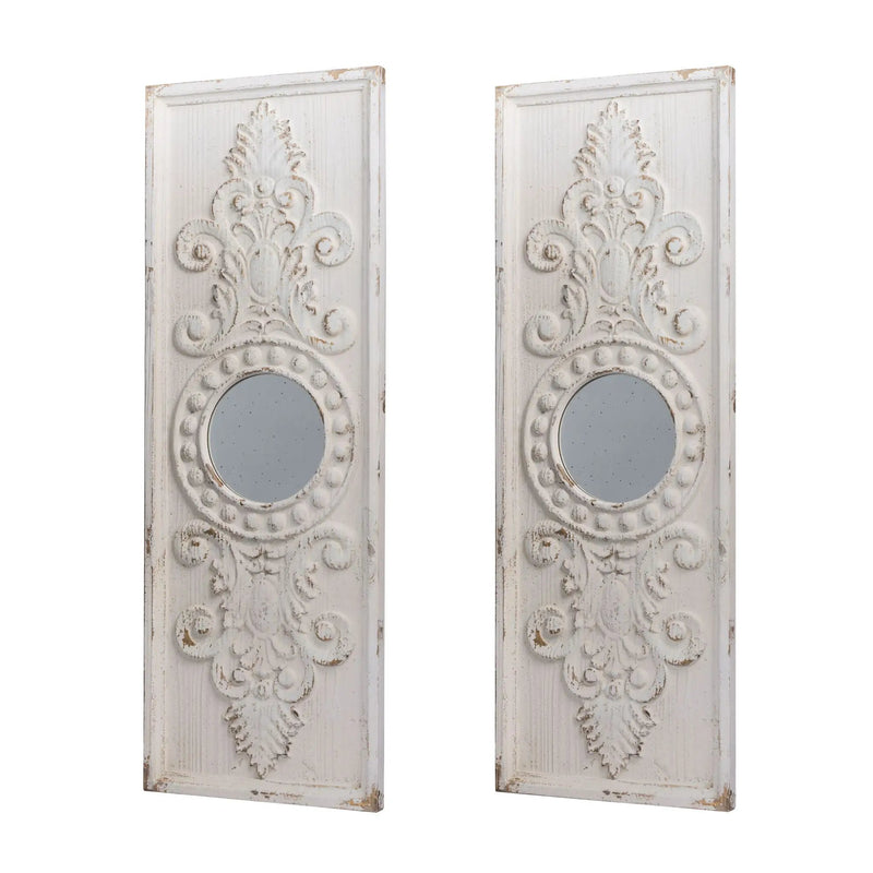 Large Wooden Wall Art Panels With Distressed Round Mirror Accents (Set of 2) - White by Unique Piece Furniture