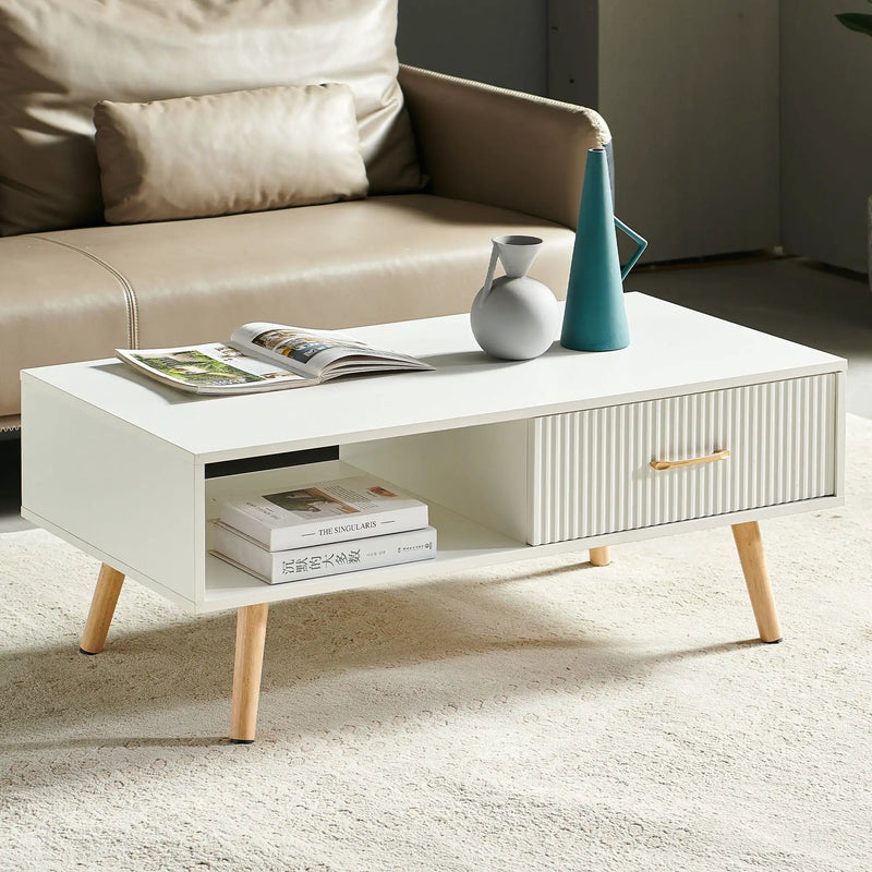 Modern Rectangle Coffee Table With Legs, Sliding Drawer For Storage - White by HouseOfZazla