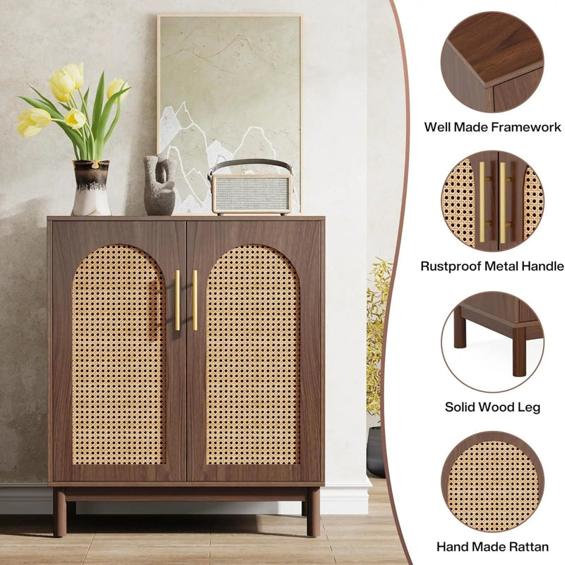 Sideboard Buffet Cabinet With Handwoven Rattan Doors (Set of 2) - Dark Brown by HouseOfZazla