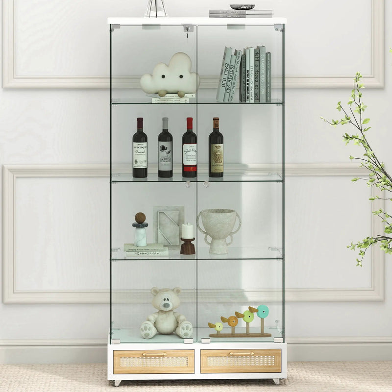 Glass Display Cabinet With LED Lights, Tempered Glass Doors, Large Drawers, 2 Door Storage Case With 4 Shelves - Natural / White by HouseOfZazla