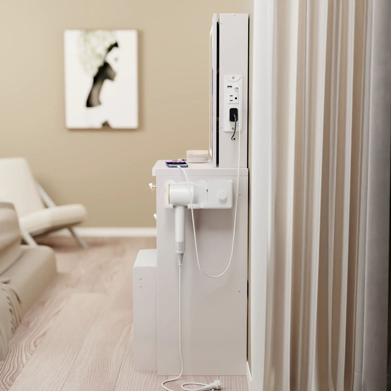 Cabinet Vanity Table & Cushioned Stool, USB Power Station, Hair Dryer Bracket - White by HouseOfZazla