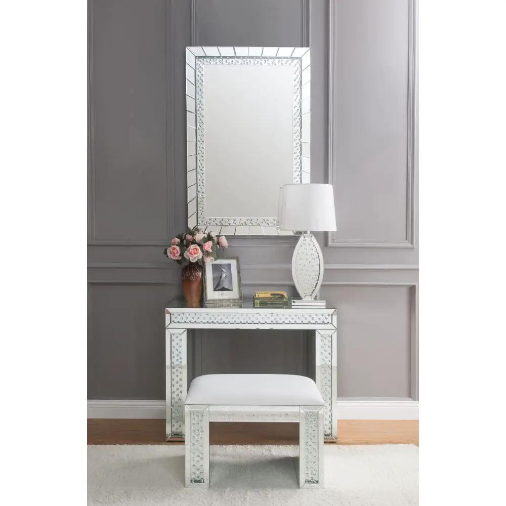 Nysa - Vanity Stool - Ivory Synthetic Leather , Mirrored & Faux Crystals by Unique Piece Furniture