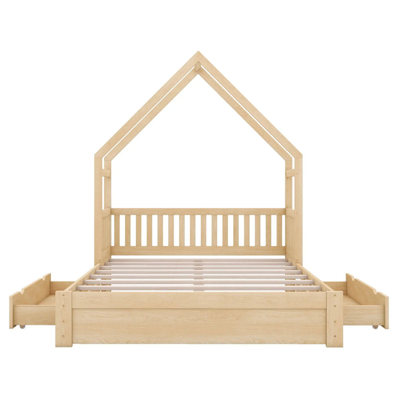 House Style Platform Bed With Guardrail And 2 Drawers by HouseOfZazla