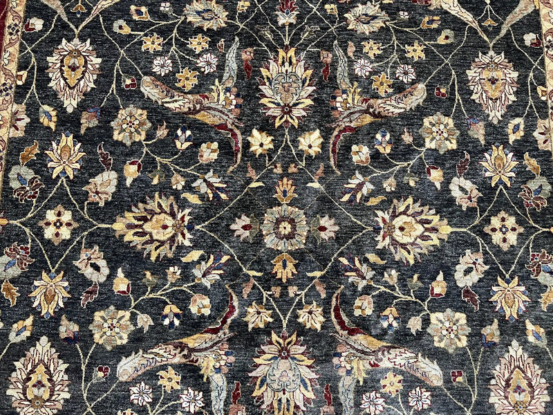 Pak Persian Mahal Rug 9x12, Allover Floral Pakistani Oriental Carpet 9 x 12, Wool Hand Knotted Area Rug, Dark Slate Gray-Black and Maroon by Jewel Rugs