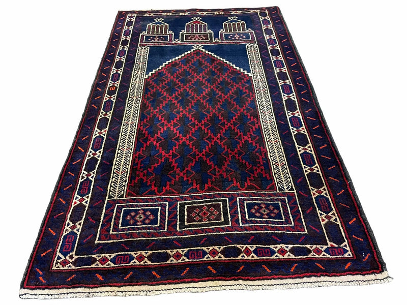 3x5 Vintage Handmade Tribal Wool Rug Balouchi Prayer Rug Afghan Rug Red Blue Wow by Jewel Rugs